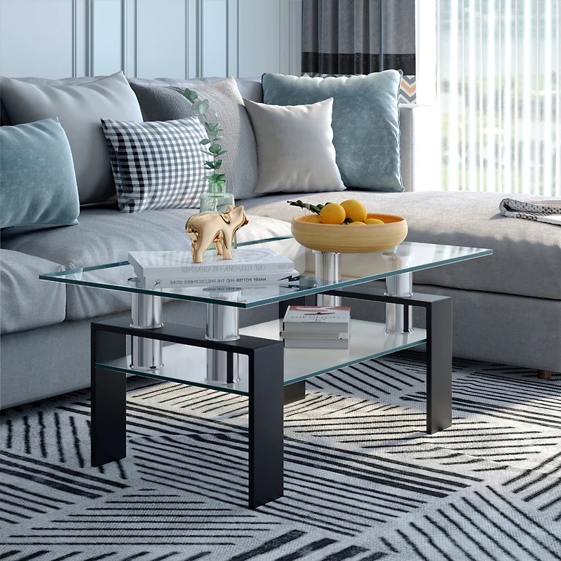 Rectangle Glass Coffee Table Metal Legs End Livingroom