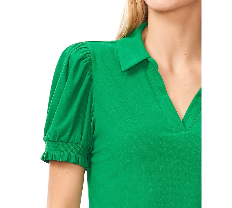 CeCe Women's Collared Split Neck Short Sleeve Knit Top