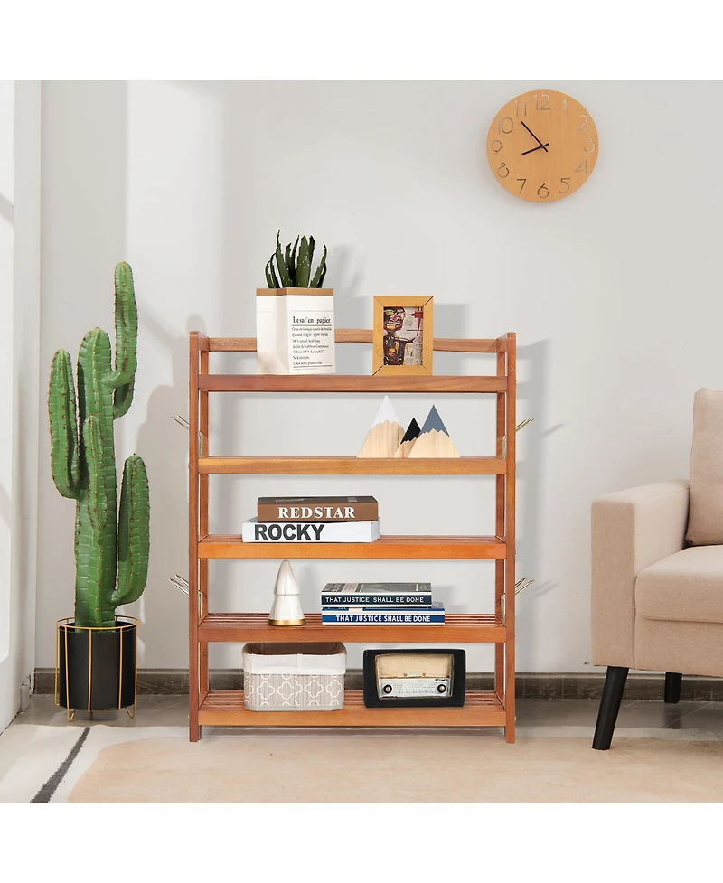 5-Tier Wood Shoe Rack Solid Acacia Wood Shoe Shelf with Side Metal Hooks
