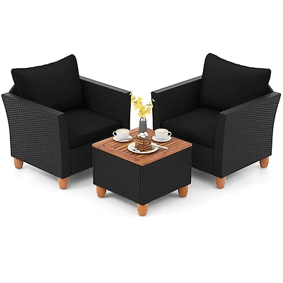 3PCS Patio Rattan Furniture Set Cushioned Sofa Storage Table with Wood Top
