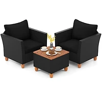3PCS Patio Rattan Furniture Set Cushioned Sofa Storage Table with Wood Top