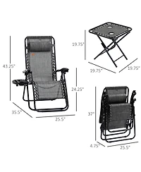 Outsunny 3-Piece Outdoor Chaise Lounger Chair Set, Folding Reclining Zero Gravity Chair with Side Table, Cup Holder and Headrest for Patio, Yard