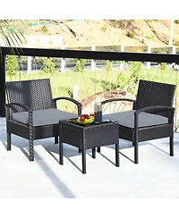 3PCS Patio Rattan Furniture Set Coffee Table Conversation Sofa Cushioned