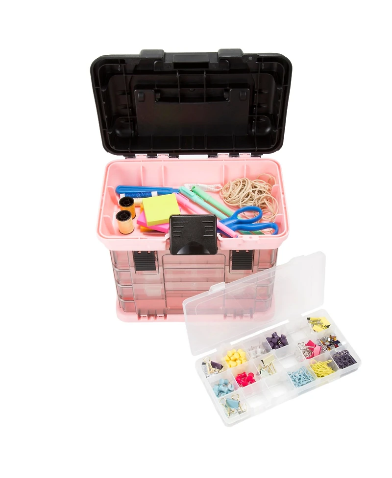 Portable Tool Box with Drawers - Durable Parts Organizer with 4 Compartments for Hardware, Tackle, Beads, Accessories, and More by Stalwart (Pink)