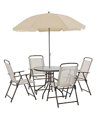 Outsunny 6 Piece Patio Dining Set for 4 with Umbrella, 4 Folding Dining Chairs & Round Glass Table for Garden, Backyard and Poolside, Beige