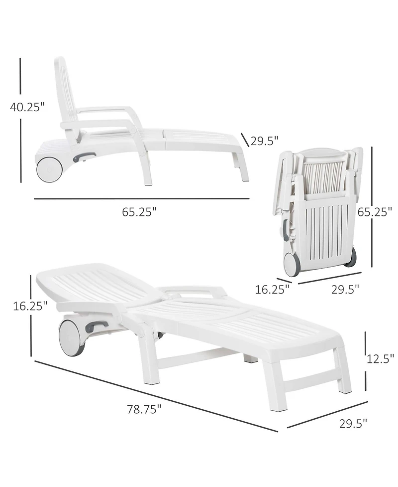 Outsunny Folding Chaise Lounge Chair on Wheels with Storage Box, Lightweight Plastic Sun Recliner with 5 Position Backrest for Beach & Pool, White
