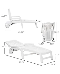 Outsunny Folding Chaise Lounge Chair on Wheels with Storage Box, Lightweight Plastic Sun Recliner with 5 Position Backrest for Beach & Pool, White