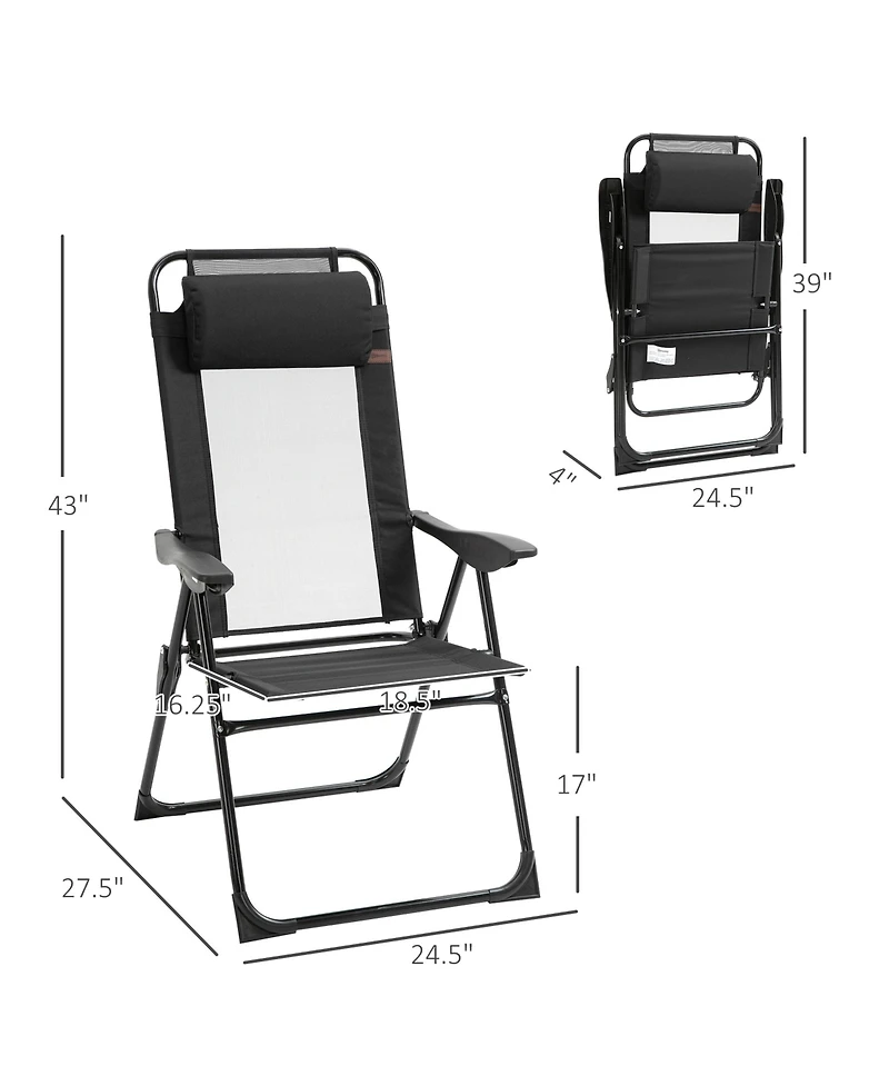 Outsunny Set of 2 Folding Patio Chairs, Camping Chairs with Adjustable Sling Back, Removable Headrest, Armrest for Garden, Backyard, Lawn, Black