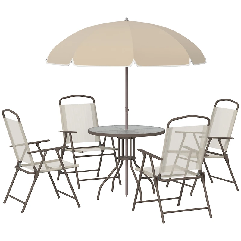 Outsunny 6 Piece Patio Dining Set for 4 with Umbrella, 4 Folding Dining Chairs & Round Glass Table for Garden, Backyard and Poolside, Beige