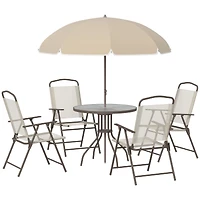 Outsunny 6 Piece Patio Dining Set for 4 with Umbrella, 4 Folding Dining Chairs & Round Glass Table for Garden, Backyard and Poolside, Beige