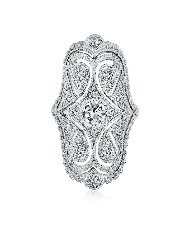 Bling Jewelry Deco Antique Style Filigree Pave Cubic Zirconia Cz Wide Armor Full Finger Fashion Statement Ring Rhodium Plated Brass