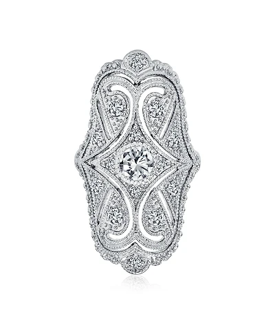 Bling Jewelry Deco Antique Style Filigree Pave Cubic Zirconia Cz Wide Armor Full Finger Fashion Statement Ring Rhodium Plated Brass