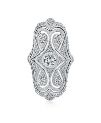 Bling Jewelry Deco Antique Style Filigree Pave Cubic Zirconia Cz Wide Armor Full Finger Fashion Statement Ring Rhodium Plated Brass