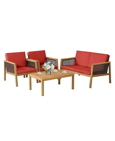 4PCS Patio Rattan Furniture Set Acacia Wood Cushioned Sofa