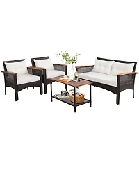 4PCS Patio Rattan Acacia Wood Furniture Set Cushion Sofa Armrest Deck
