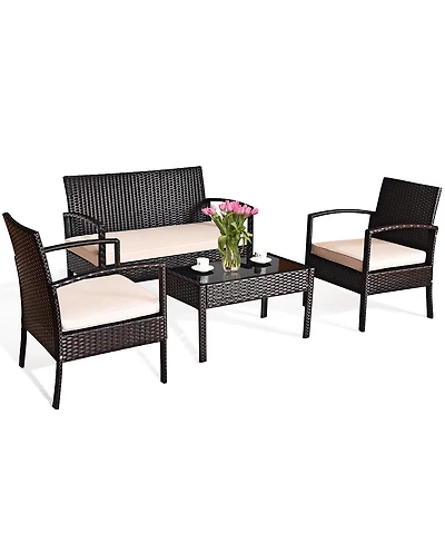 4PCS Patio Rattan Conversation Furniture Set Cushioned Seat Glass Table