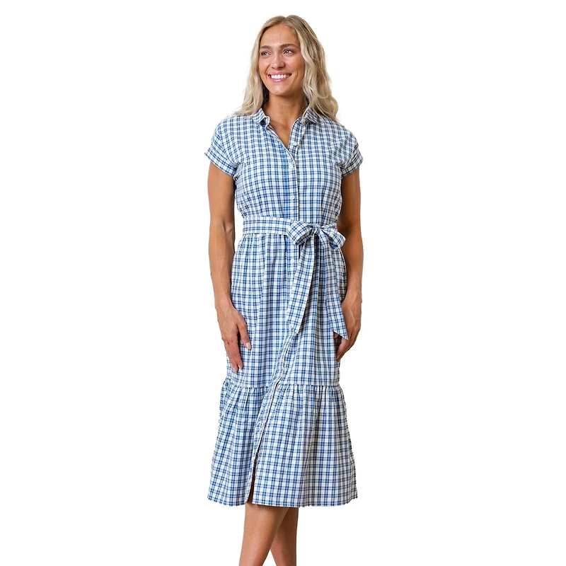 Hope & Henry Women's Short Sleeve Button Front Tiered Midi Dress with Waist Sash