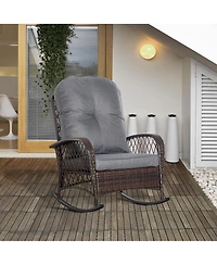 Outsunny Outdoor Wicker Rocking Chair Wide Cushion, Steel Frame,