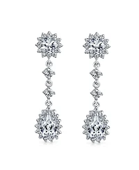 Bling Jewelry Statement Teardrop Pave Crown Halo Cubic Zirconia Cz Dangle Chandelier Clip On Earrings Non-Pierced