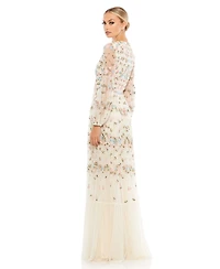 Mac Duggal Women's Embroidered High Neck Illusion Sleeve Tiered Gown