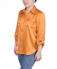 Ny Collection Petite Tabbed Long Sleeve Satin Blouse