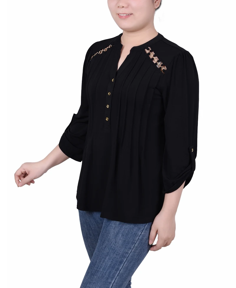 Ny Collection Petite Pin tuck Front Top with Chain Details
