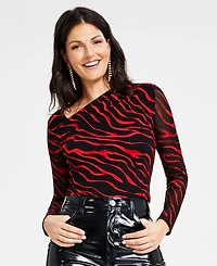 I.n.c. International Concepts Women's Printed Asymmetrical-Neck Sheer-Sleeve Top, Created for Macy's