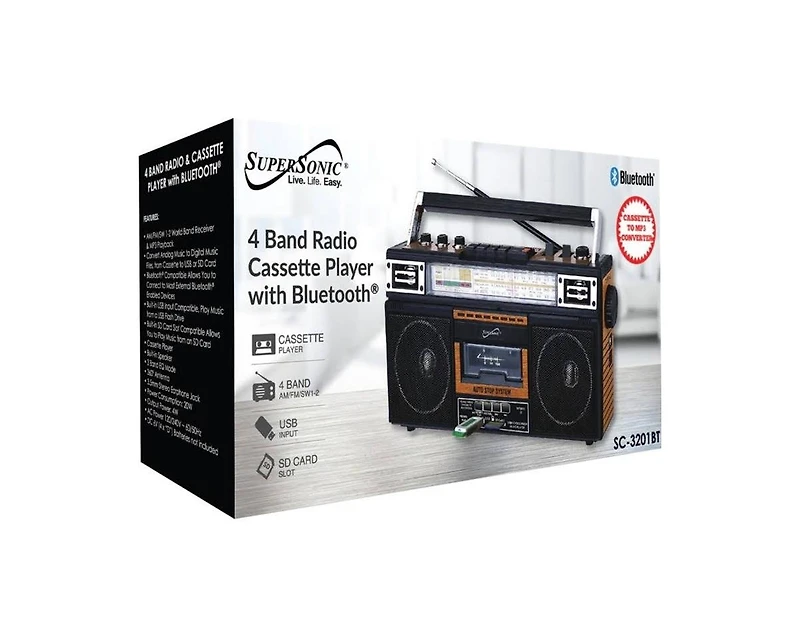 Supersonic Retro 4-Band Radio and Cassette Player with Bluetooth - Wood