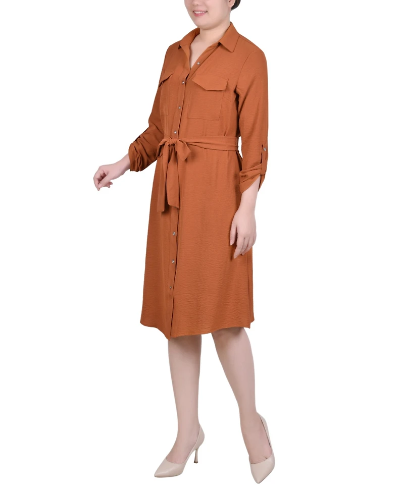 Ny Collection Women's Long Roll Tab Sleeve Shirtdress
