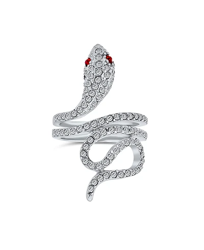 Bling Jewelry Spiral Wrap Serpent Snake Fashion Statement Ring Red Eye Cubic Zirconia Pave Cz Silver Plated Brass