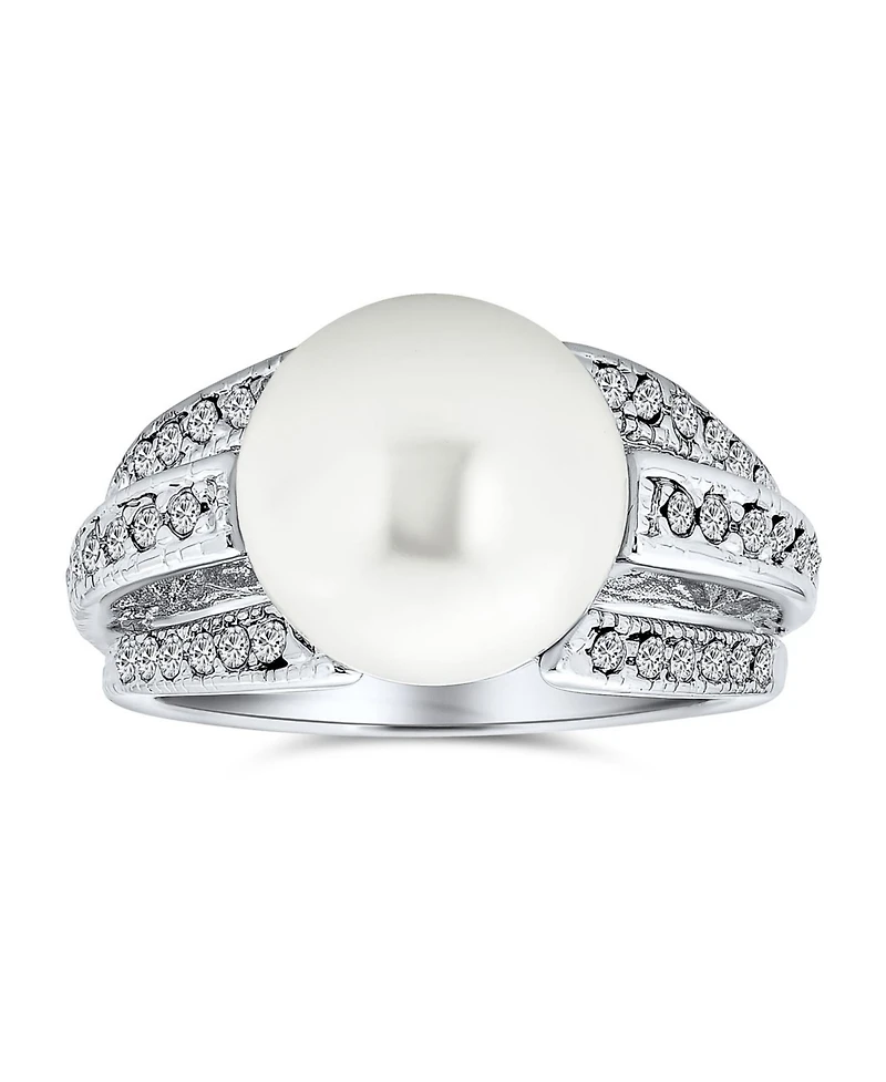 Bling Jewelry Pave Cz Solitaire White Simulated Pearl Fashion Statement Ring Silver Plated Brass