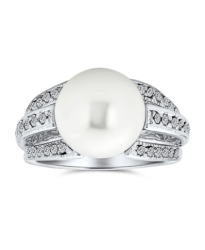 Bling Jewelry Pave Cz Solitaire White Simulated Pearl Fashion Statement Ring Silver Plated Brass