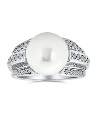 Bling Jewelry Pave Cz Solitaire White Simulated Pearl Fashion Statement Ring Silver Plated Brass