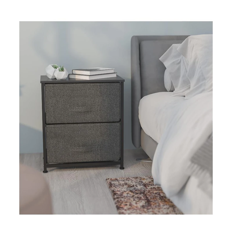 2 Drawer Storage Stand With Wood Top & Dark Fabric Pull Drawers