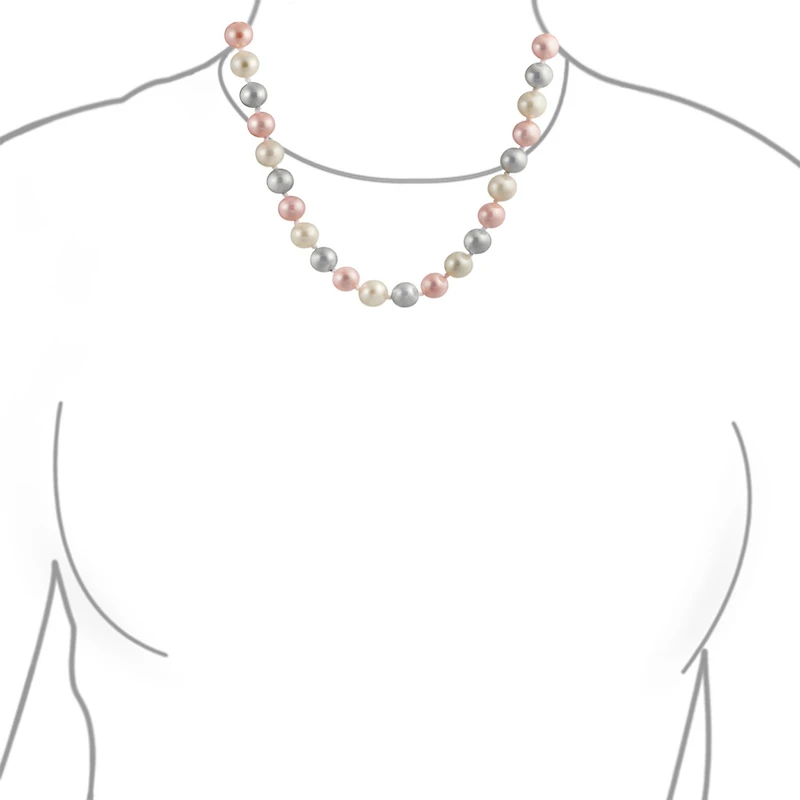 Bling Jewelry Classic Smooth 10MM Pale Pink White Grey Tri Multi Color Hand Knotted Simulated Pearl Strand Necklace 18 Inches