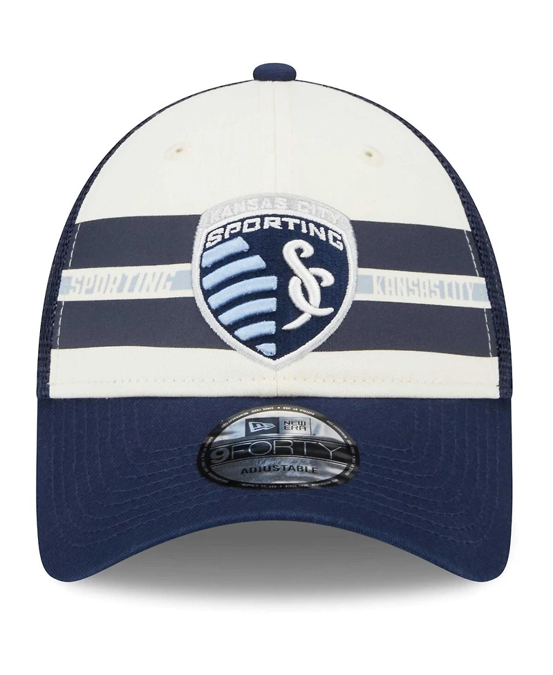Men's New Era White, Navy Sporting Kansas City Team Stripes 9FORTY Trucker Snapback Hat