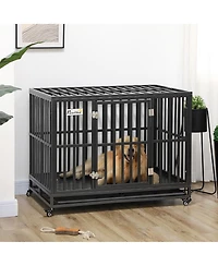 PawHut Heavy Duty Steel Dog Crate Kennel with Wheels and 1 Access Door,