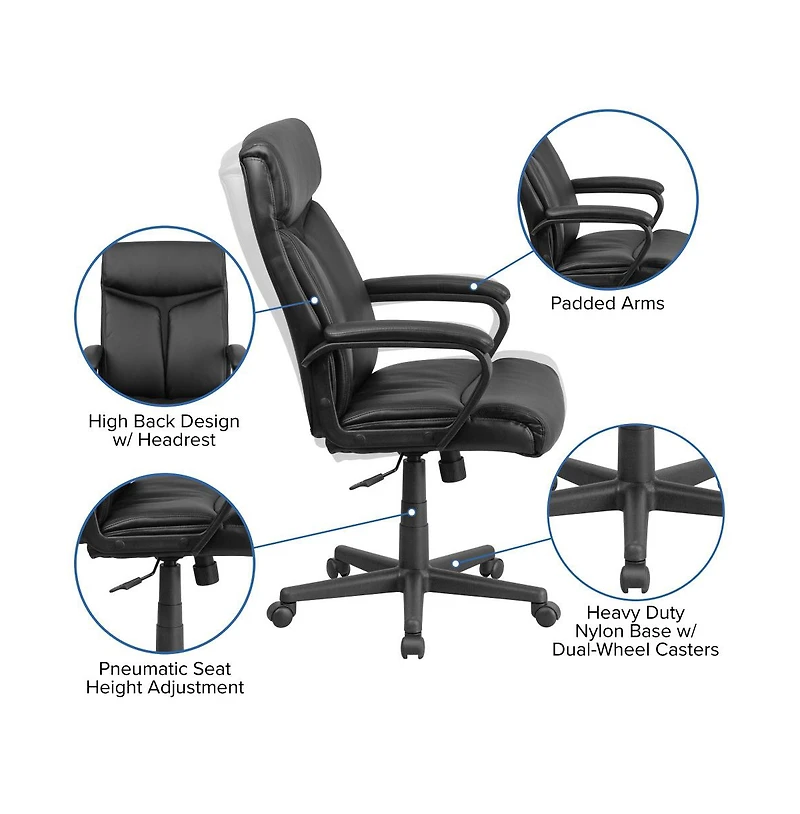 Emma+Oliver High Back Leather Executive Swivel Office Chair With Slight Mesh Accent And Arms