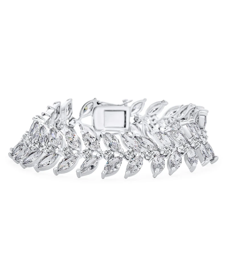 Bling Jewelry Cubic Zirconia 2 Row Marquise Shape Cz 40 Ctw Clear Wide Statement Leaf Tennis Bracelet 7.25 Inch
