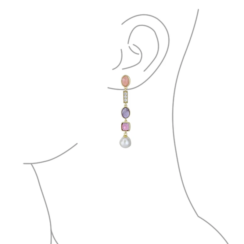 Bling Jewelry Boho Tri Tone Mixed Crystal Accent Linear Thin Long Baroque Pearl Pink Tourmaline Purple Natural Amethyst Dangle Earrings Gold Plated