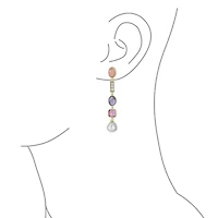 Bling Jewelry Boho Tri Tone Mixed Crystal Accent Linear Thin Long Baroque Pearl Pink Tourmaline Purple Natural Amethyst Dangle Earrings Gold Plated
