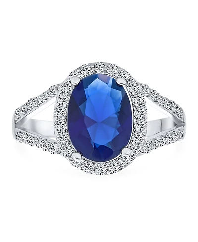 Bling Jewelry Classic 10CT Cz Royal Blue Halo Statement Oval Solitaire Promise Ring With Split Shank Thin Band Silver Plated