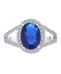 Bling Jewelry Classic 10CT Cz Royal Blue Halo Statement Oval Solitaire Promise Ring With Split Shank Thin Band Silver Plated