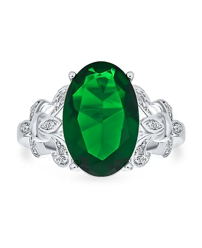 Bling Jewelry Fleur De Lis Pave Accent Cz Estate Large Oval Solitaire 7CT Cubic Zirconia Green Cocktail Statement Ring