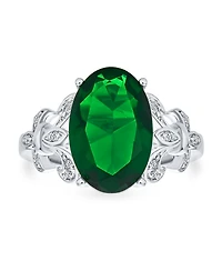 Bling Jewelry Fleur De Lis Pave Accent Cz Estate Large Oval Solitaire 7CT Cubic Zirconia Green Cocktail Statement Ring