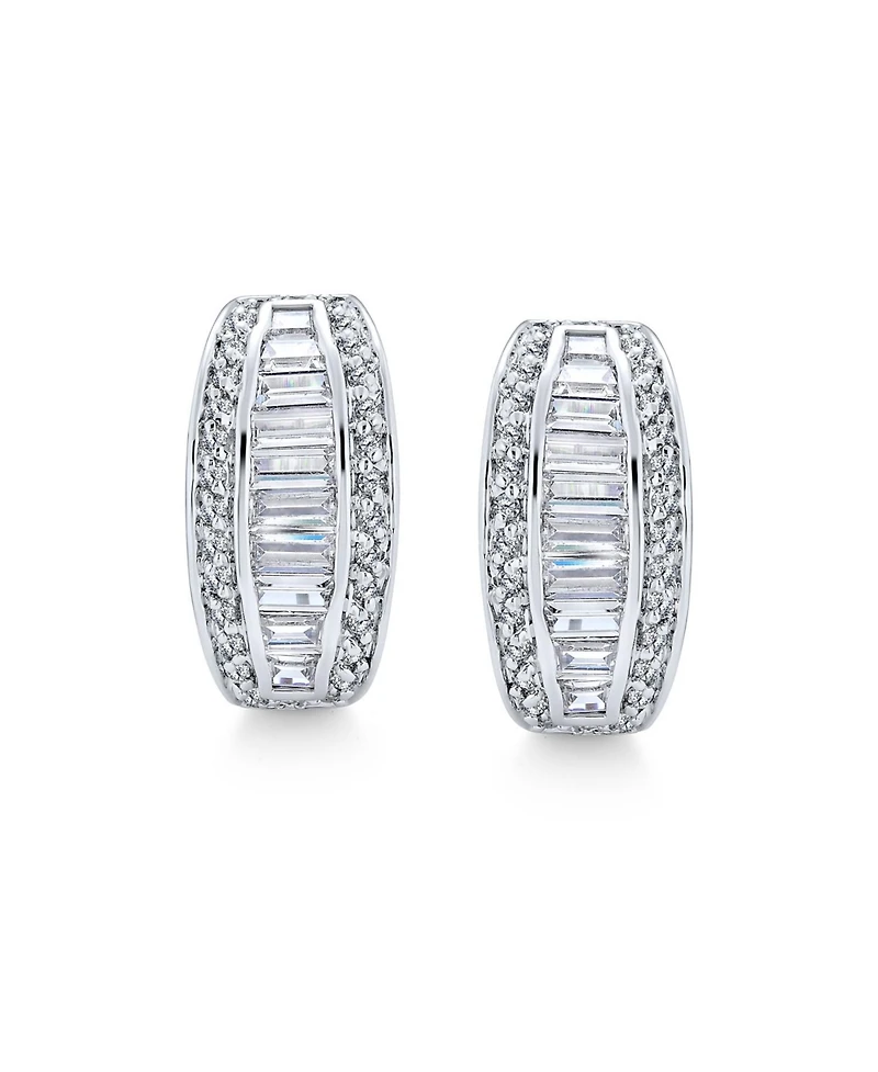 Bling Jewelry Statement Cz Baguette Half Hoop Earrings Prom Holiday Party Pierced Ear Stabilizing Omega Clip Back Rhodium Plated Brass