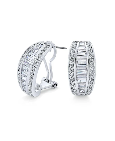 Bling Jewelry Statement Cz Baguette Half Hoop Earrings Prom Holiday Party Pierced Ear Stabilizing Omega Clip Back Rhodium Plated Brass