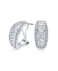 Bling Jewelry Statement Cz Baguette Half Hoop Earrings Prom Holiday Party Pierced Ear Stabilizing Omega Clip Back Rhodium Plated Brass