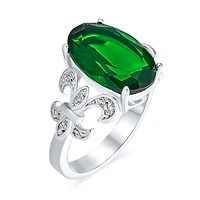 Bling Jewelry Fleur De Lis Pave Accent Cz Estate Large Oval Solitaire 7CT Cubic Zirconia Green Cocktail Statement Ring