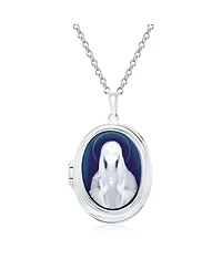 Bling Jewelry Holds Picture Antique Style Blue Our Lady Of Guadalupe Oval Virgin Mary Cameo Photo Locket Pendant Necklace Sterling Silver